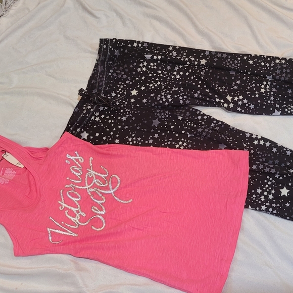 Victorias Secret Tank Pajama Set Pink Stars Sparkly Pink Black Gray White Silver - Picture 2 of 9